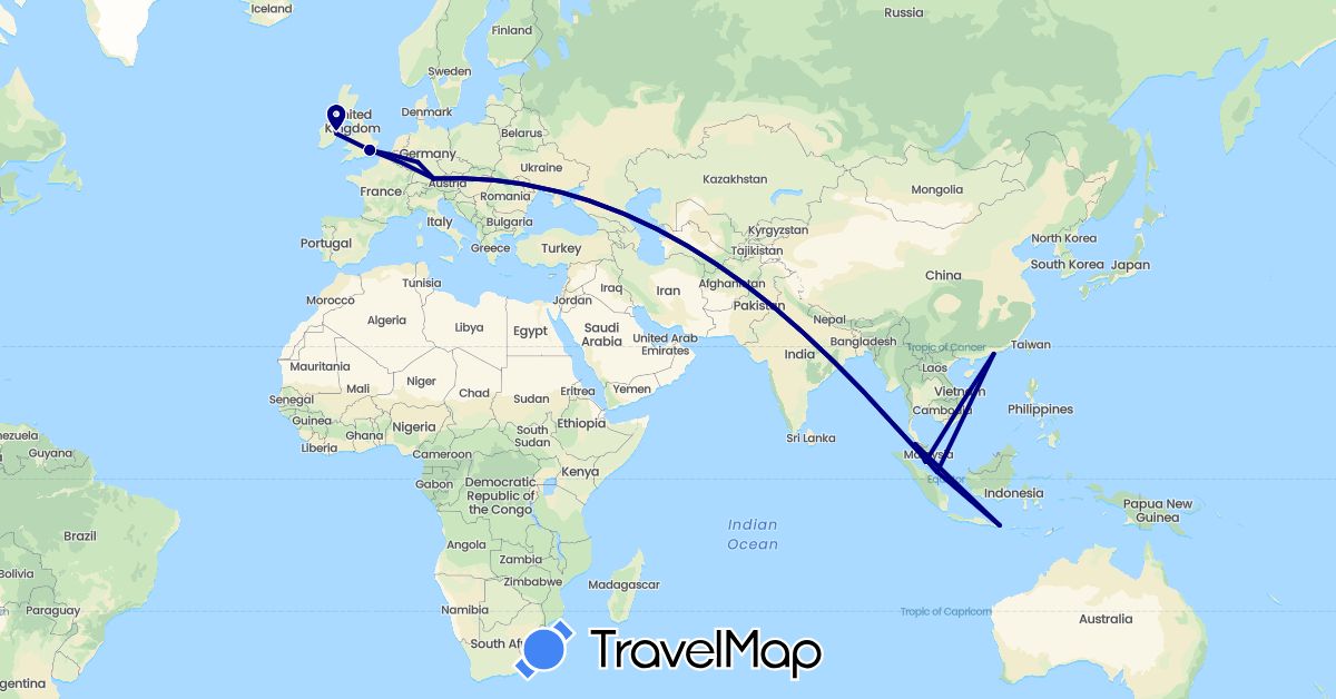 TravelMap itinerary: driving in China, Germany, United Kingdom, Indonesia, Ireland, Malaysia, Singapore (Asia, Europe)